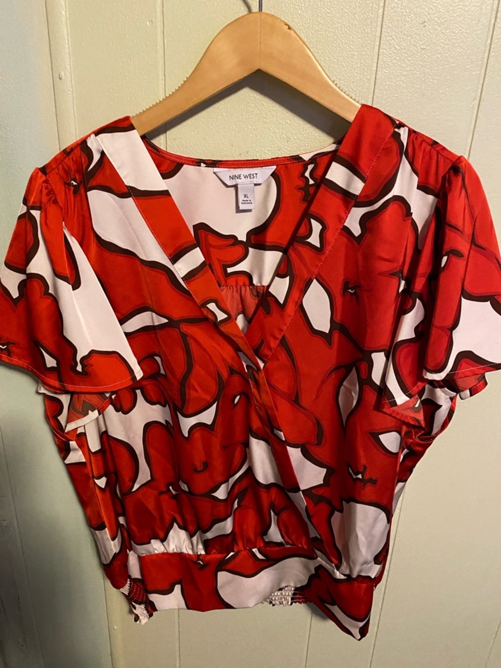 Nine West Red and White Floral Wrap-Style Blouse